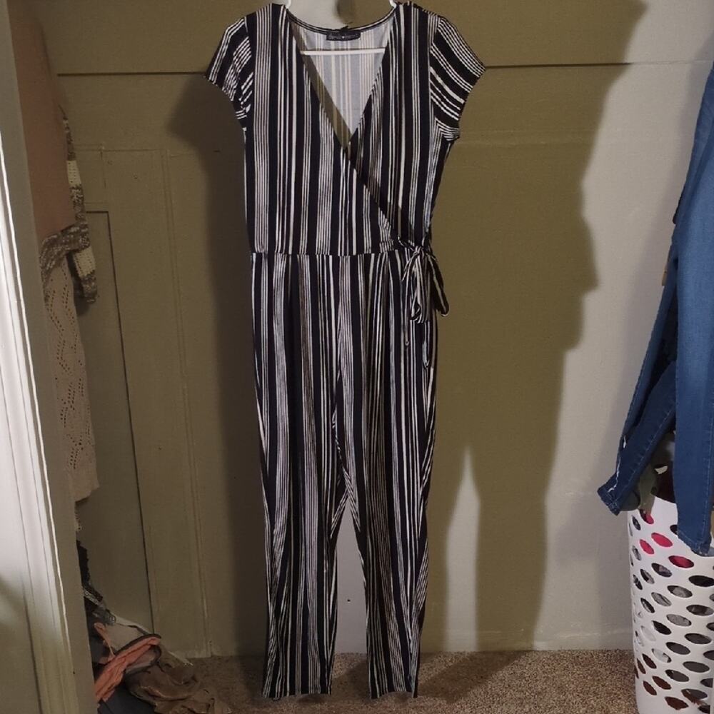 Derek Heart Black and White Striped Jumpsuit with V-Neck